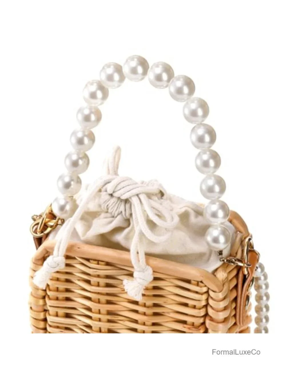 Handwoven Rattan Wicker Pearl Basket Purse Rectangular Beach Tote Straw Bag